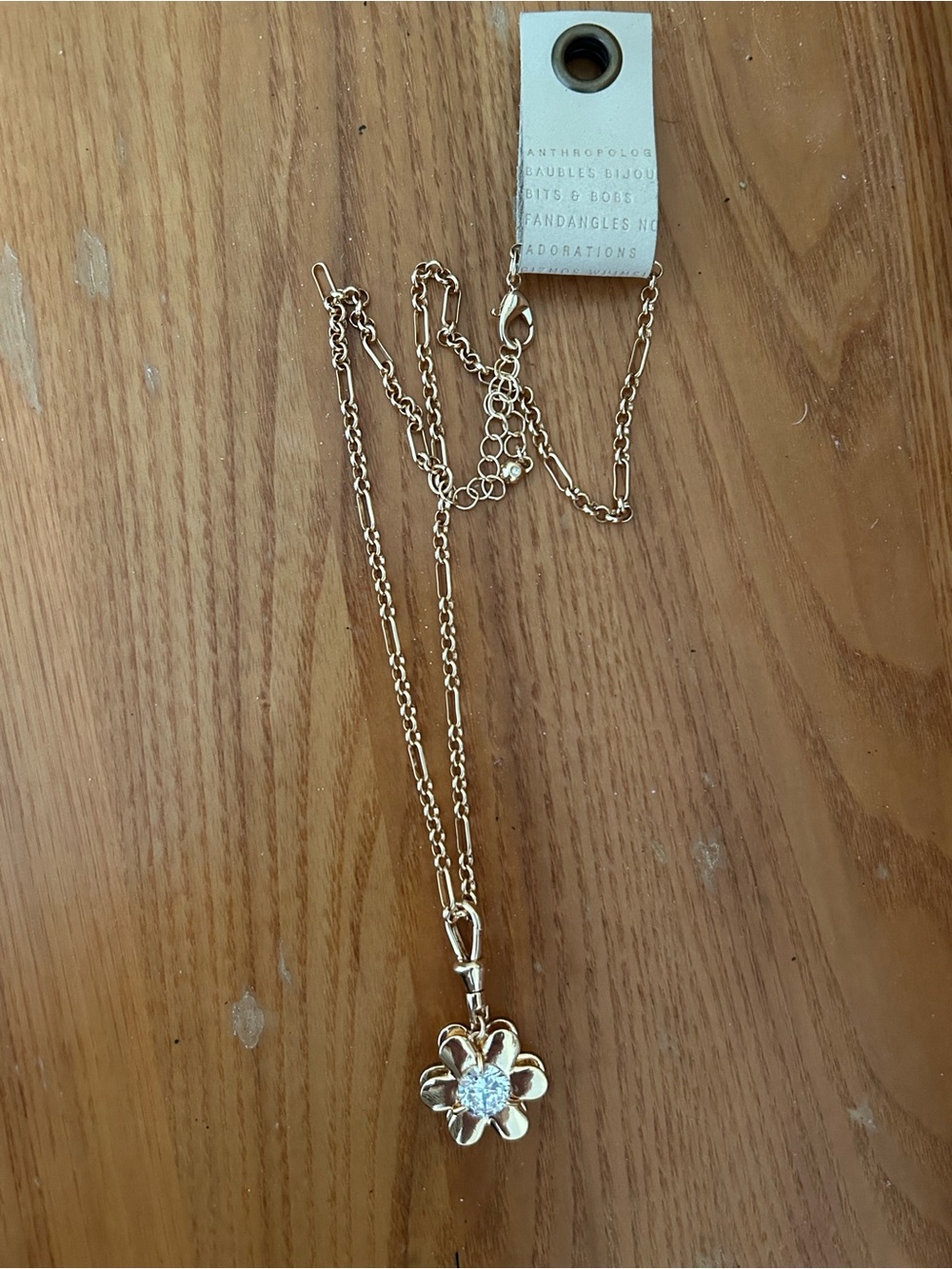Anthropologie Gold Floral Pendant Necklace with Crystal and Link Chain